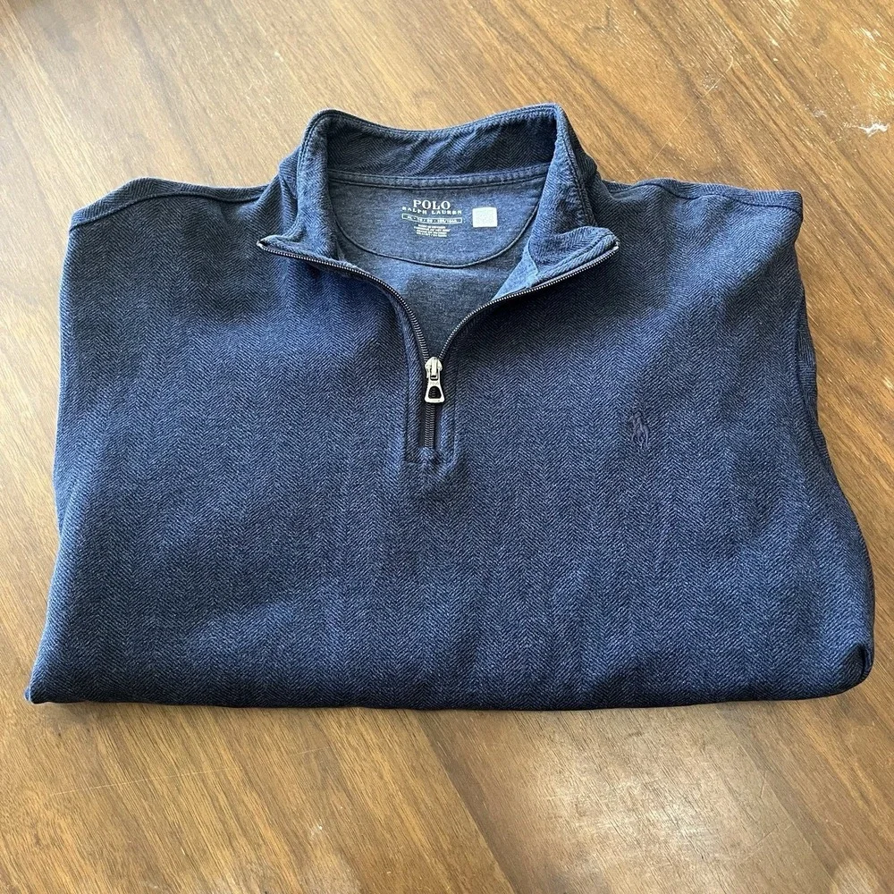 Polo Ralph Lauren Sweater Mens XL Blue Quarter Zip Mock Neck Herringbone Knit